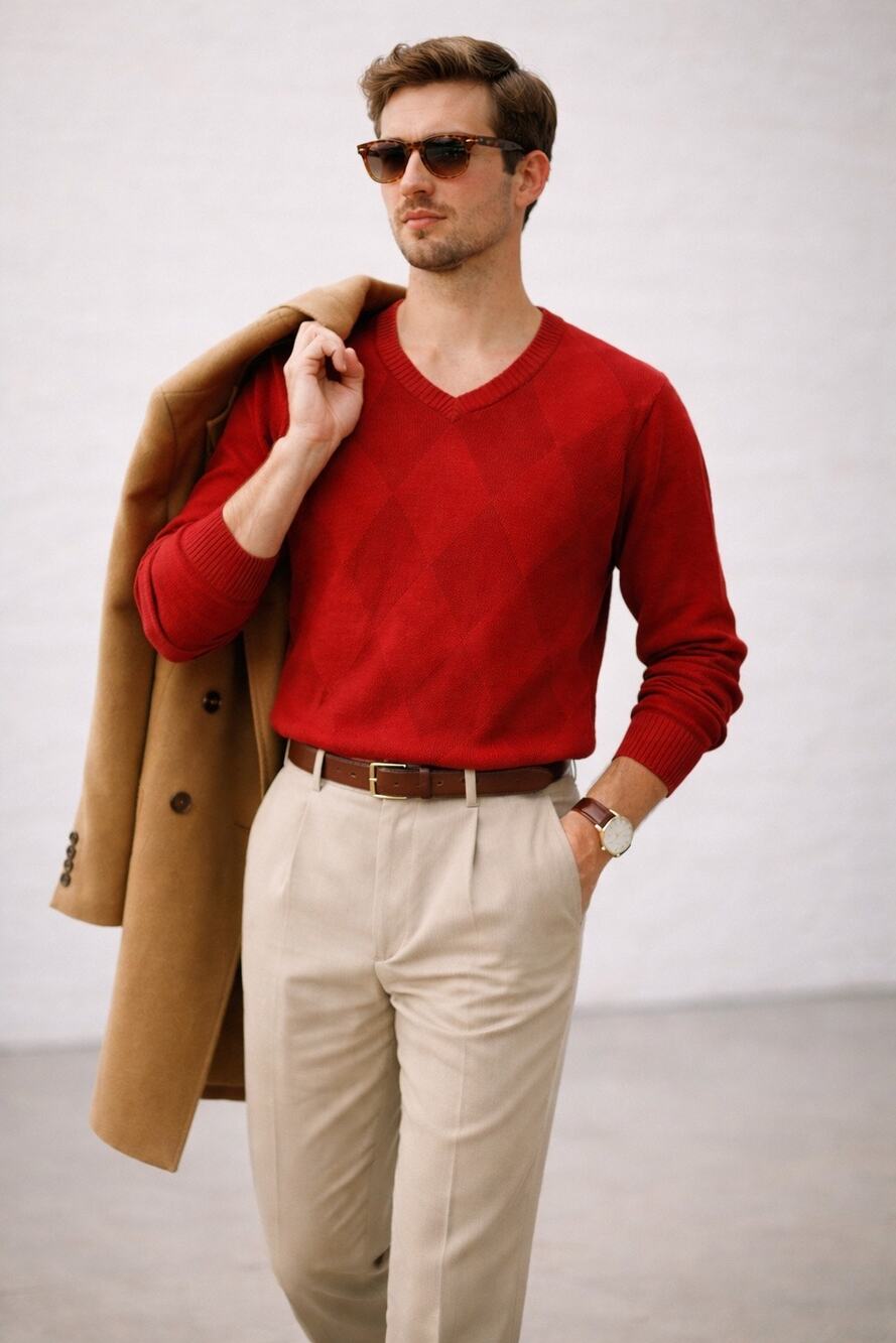 Vintage Oscar De La Renta Men’s Cotton V-Neck Argyle Designer Sweater Red Medium
